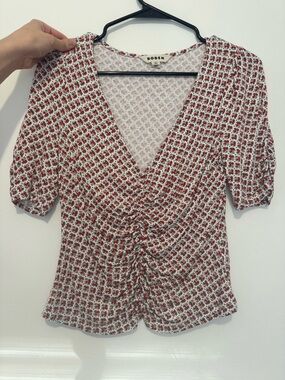 Boden White Top with Red Floral Ruched V-Neck